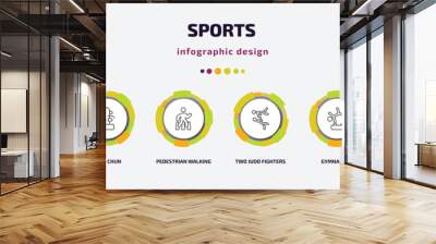 sports infographic template with icons and 6 step or option. sports icons such as sprint, wing chun, pedestrian walking, two judo fighters, gymnastics, game board vector. can be used for banner, Wall mural