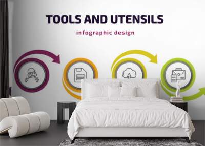 tools and utensils infographic template with icons and 6 step or option. tools and utensils icons such as orientation compass, key ring with two keys, face down floppy disk, up arrow cloud, Wall mural