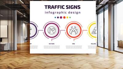 traffic signs infographic template with icons and 6 step or option. traffic signs icons such as handicap, bump, no turn, fire, falling rocks, road work vector. can be used for banner, info graph, Wall mural