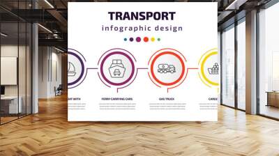 transport infographic template with icons and 6 step or option. transport icons such as workshop repair, sailing boat with veils, ferry carrying cars, gas truck, cargo ship, formula 1 vector. can be Wall mural