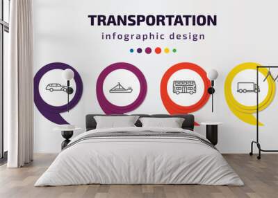 transportation infographic template with icons and 6 step or option. transportation icons such as excavators, hearse, pt boat, double decker bus, lorry, jumbo jet vector. can be used for banner, Wall mural