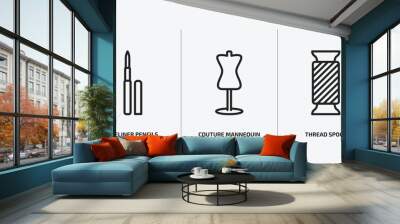 woman clothing outline icons set. woman clothing icons such as eyeliner pencils, couture mannequin, thread spool vector. can be used web and mobile. Wall mural