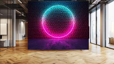 Circle shaped glowing neon frame on brick wall in dark room Wall mural