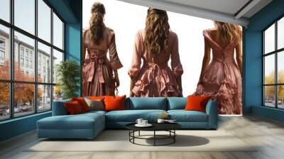 back view of women with long beautiful hair in a pink dress, on a transparent background, Generative AI Wall mural