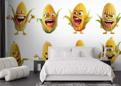 Illustrations of smiling and angry corn cobs cartoon on a transparent background, Generative AI Wall mural