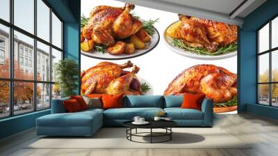 roast chicken with garnish on a plate and on a transparent background, Generative AI Wall mural