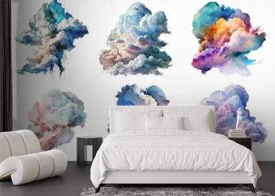 Six different clouds in beautiful dramatic colors in watercolor on a transparent background, Generative AI Wall mural