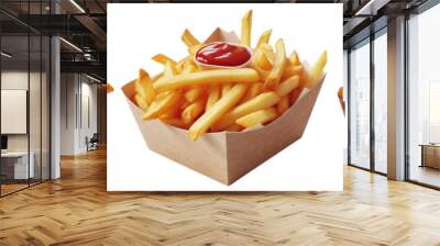 Three trays of fries, one without anything on it, one with ketchup and one with mayonnaise on a transparent background, Generative AI Wall mural