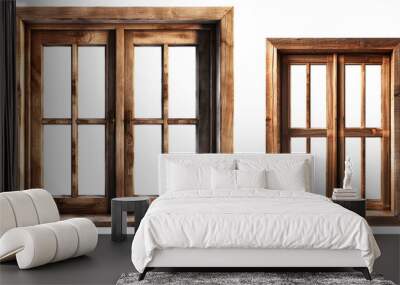 Two large wooden window frames with transparent windows on a transparent background, Generative AI Wall mural