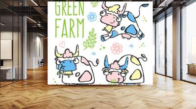 GREEN FARM Cute Cows Hand-Drawn In Sketch Style Runs To Farm And Eats Grass To Give Her Milk Cartoon Poster With Text Clip Art Vector Illustration Set For Print Wall mural