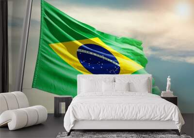 brazil national flag cloth fabric waving on the sky with beautiful sun light - Image Wall mural