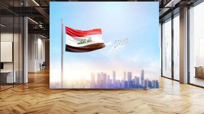 Iraq national flag waving with skyline and buildings. Iraq national flag for independence day. Wall mural