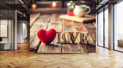 Love is on a wooden table with a heart shaped word in the middle Wall mural