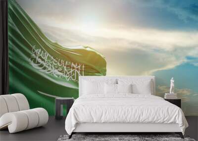 Saudi Arabia national flag cloth fabric waving on the sky - Image Wall mural