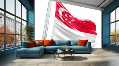 Singapore waving flag with mast on white background with cutout path. Wall mural