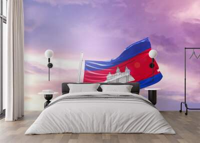 Waving Flag of Cambodia in Blue Sky. The symbol of the state on wavy cotton fabric. Wall mural