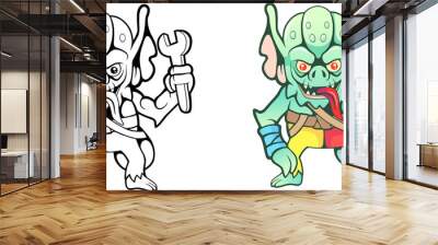 cartoon funny gremlin with a wrench in his hand Wall mural