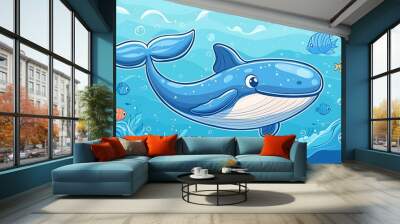 A cartoon whale swims underwater, fish and bubbles floating alongside it in a whimsical scene. Wall mural