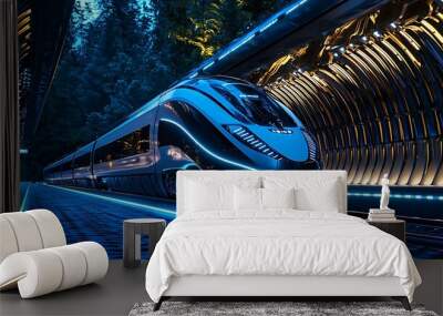 A futuristic high-speed train races out of a tunnel, illuminated by glowing blue neon lights. Wall mural