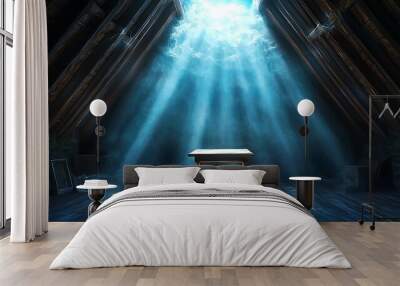 A mystical attic, lit by beams of light, reveals an ancient table cloaked in mystery. Wall mural