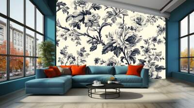 A vintage black and white floral pattern repeats seamlessly, evoking timeless beauty. Wall mural