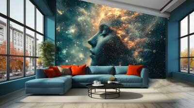 A woman�s profile blends with a cosmic nebula, her thoughts stretching into the vastness of the stars. Wall mural