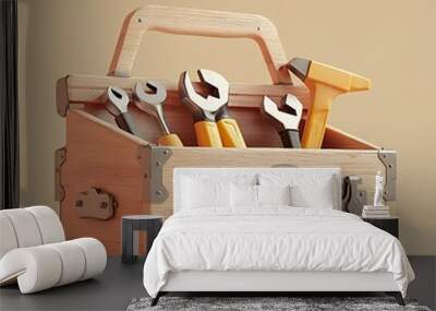 A wooden tool box filled with wrenches and a hammer, ready for action. Wall mural