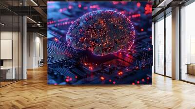 An AI brain circuitry network glows, forming an abstract background of digital technology. Wall mural