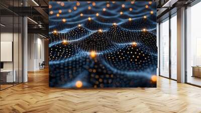 Glowing nodes connect across an abstract technology network, lighting up pathways of data flow. Wall mural