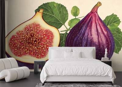 Ripe Figs with Leaves   Fresh Fruit Illustration Wall mural