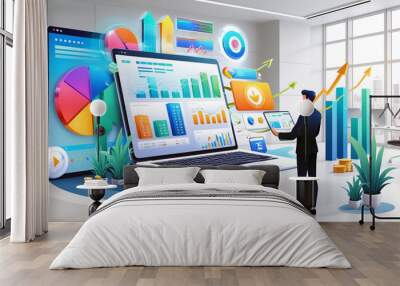 Business Analytics with graphs, bar chart, pie chart, upward and downward trend showing in computer screen and tab. Wall mural