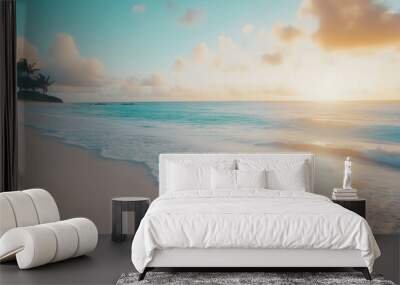 Golden sunset illuminating waves crashing on tropical beach Wall mural