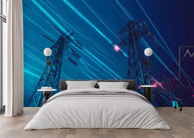 Power grid lines and electricity pylons transferring energy at night Wall mural