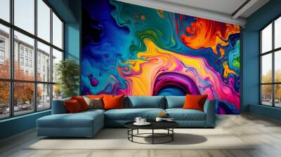 Abstract colorful acrylic pour fluid art background. Generative AI Wall mural