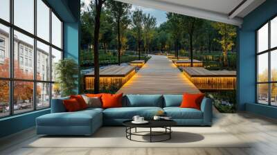 A wooden walkway leading through a serene park, with integrated LED lighting and seating areas made from recycled wood Wall mural