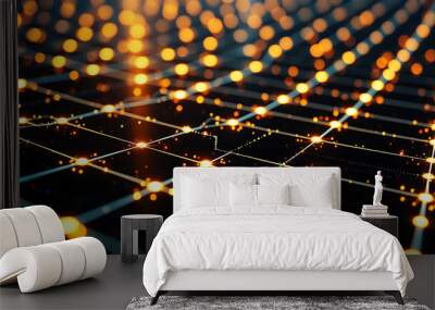 An abstract 3D grid with luminous lines and glowing nodes, creating a sense of depth and motion. Wall mural