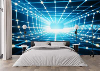 An abstract 3D grid with luminous lines and glowing nodes, creating a sense of depth and motion. Wall mural