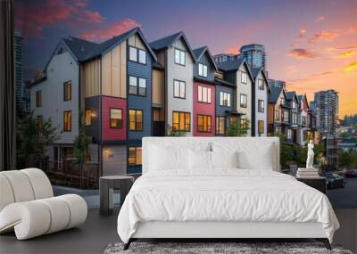 An elegant townhouse with multi-hued James Hardie siding, nestled in a bustling cityscape at twilight, reflecting urban chic and resilience against city elements Wall mural