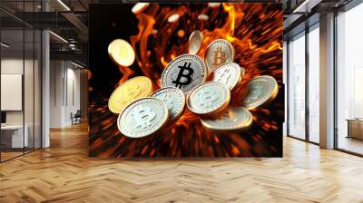 Coins of major cryptocurrencies in a swirling, fiery motion, showing the speed and excitement of active trading Wall mural