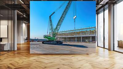 Detailed view of a large crane installation at a mega construction site for a new shopping mall, with the framework of the building in the background Wall mural