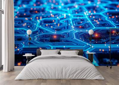 Layers of interconnected 3D circuit boards with electric blue lines running through the pathways, creating a digital cityscape effect. Wall mural