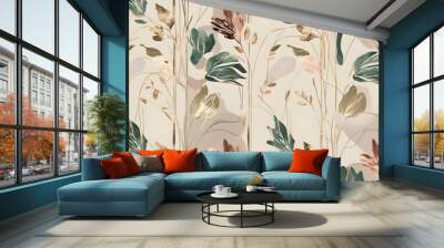 Luxury floral pattern with hand drawn leaves. Elegant astract background in minimalistic linear style Generative AI  Wall mural