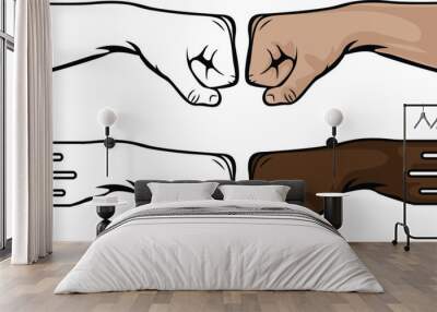 vector fistbump of white and black man showing unity of race and equality. Different styles of the hand arm can also be used as a non-violence posters and activities. Png punch gesture colored Wall mural