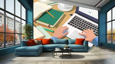 woman using a laptop to take notes during an online class, with textbooks and coffee on her desk Wall mural