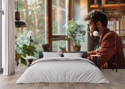 young professional working on a laptop in a chic home office with modern decor and large windows Wall mural