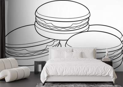 Set of outline Macaron cookies drawing vector clipart illustration on black and white. Wall mural