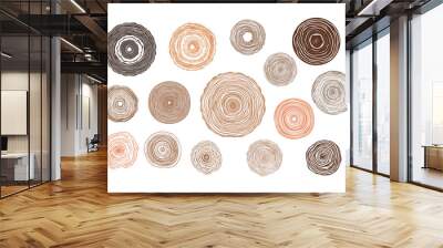 Tree ring wood circle set, Hand drawn tree ring pattern set, line ripple circle wood texture set, Wood organic slice line design Vector illustration on white background, Wall mural