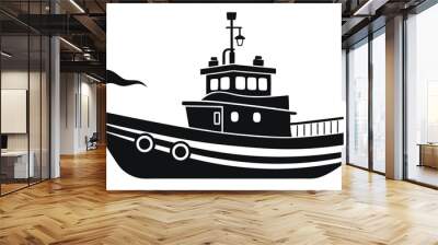 Tugboat silhouette illustration on black and white Wall mural