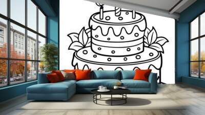 Vector line art black and white birthday cake with candles. Holiday line icon for kids isolated illustration on white background. Wall mural