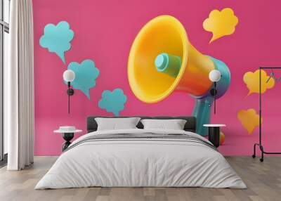 3d megaphone speaker or loudspeaker for announce. Comment reply is false, correct, problem, fail notice and announcement with 3d speech bubbles. Speakerphone notice 3d icon vector render illustration. Wall mural